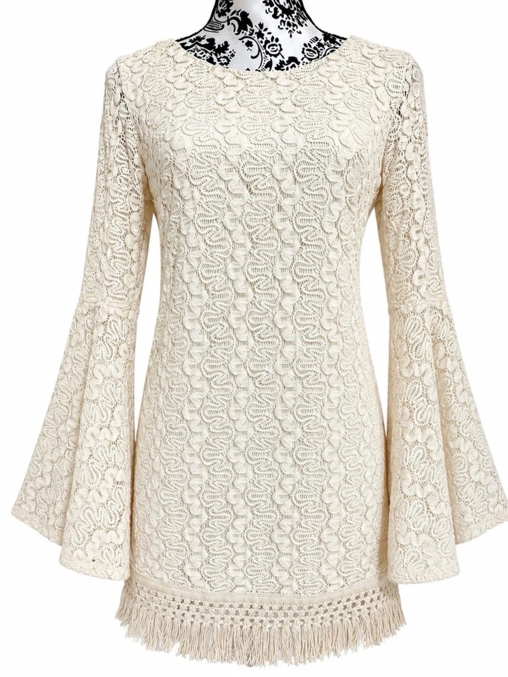 Jodi Kristopher Cream Lace Long Bell Sleeve Dress
